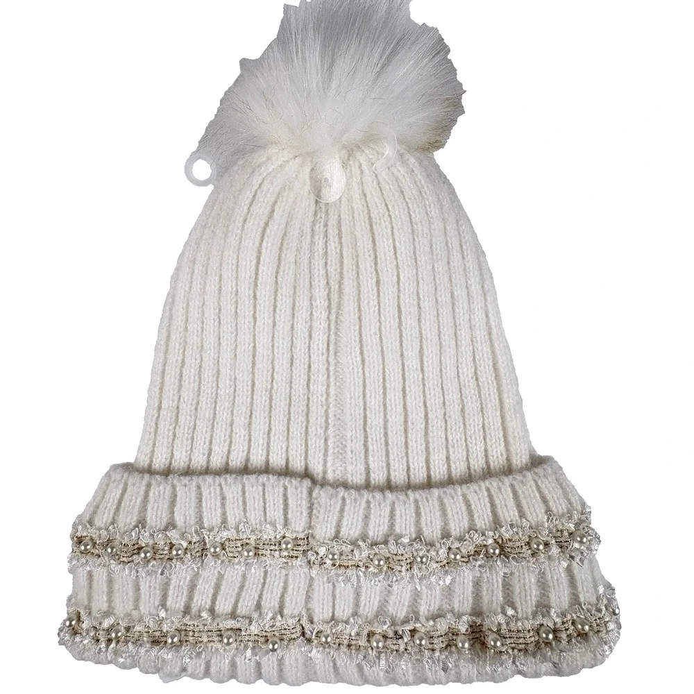 NWT Time and Tru Cream Knit Beanie Hat w/ Faux Fur Pom & Pearl Trim‎